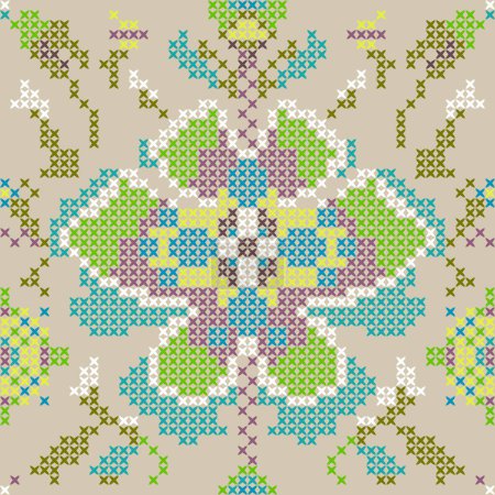 Ilustración de Floral Vintage Verde Cruz puntada verde Tribal patrón sin costuras - Imagen libre de derechos