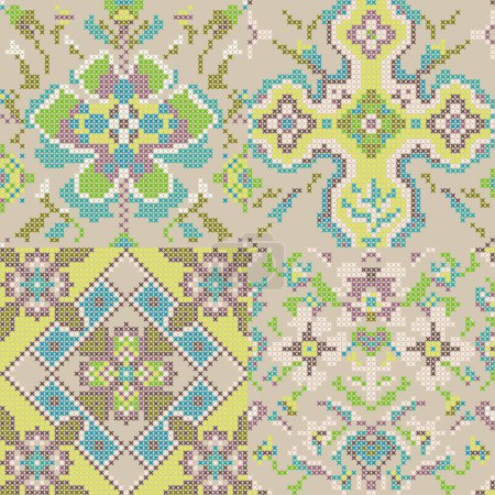 Illustration for Floral Vintage Green Cross Stitch Green Tribal Seamless Pattern - Royalty Free Image