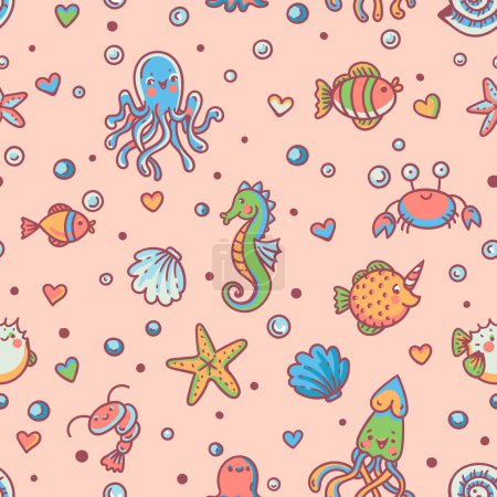 Illustration for Cute doodle sealife vector seamless pattern, underwater funny creatures - Royalty Free Image