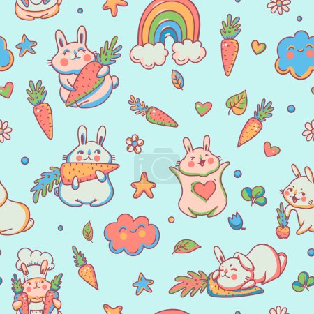 Téléchargez les illustrations : Cute doodle bunny with rainbow kids seamless pattern - en licence libre de droit