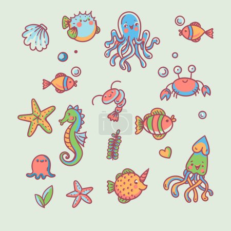 Ilustración de Cute doodle sealife vector greeting card, underwater funny creatures - Imagen libre de derechos