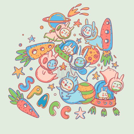 Téléchargez les illustrations : Cute astronaut bunnies vector greeting card, doodle funny bunny space illustration - en licence libre de droit