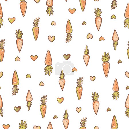 Téléchargez les illustrations : Cute doodle carrot and love hearts neutral vector seamless pattern - en licence libre de droit