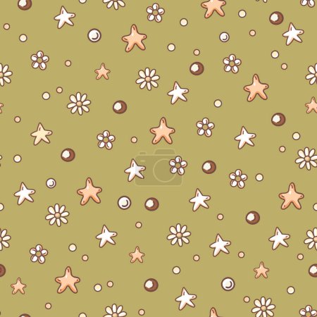 Ilustración de Cute muted doodle blue star and daisy flowers seamless pattern, cartoon nursery texture - Imagen libre de derechos