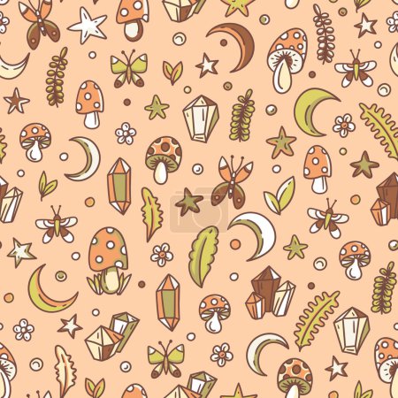 Téléchargez les illustrations : Cute  neutral amanita mushroom, magic crystal, moon and butterflies seamless pattern - en licence libre de droit