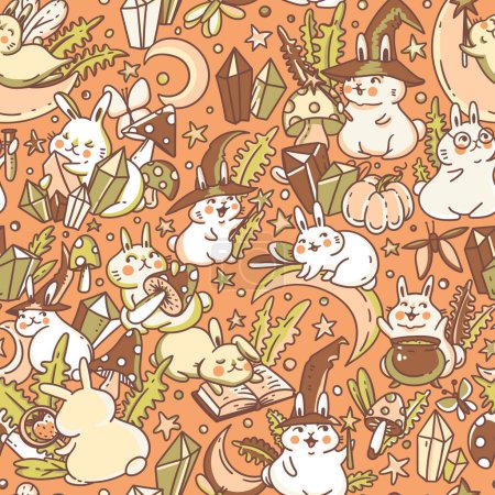Téléchargez les illustrations : Cute muted  bunnies with amanita mushroom, magic crystal vector seamless pattern - en licence libre de droit
