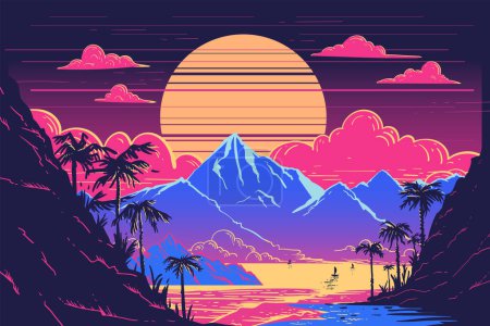 Illustration for Summer tropical sunset vintage mountains landscape, 90's , 80's neon colors - Royalty Free Image