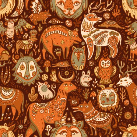 Ilustración de Doodle fantasy forest creatures seamless pattern, cute vintage background - Imagen libre de derechos