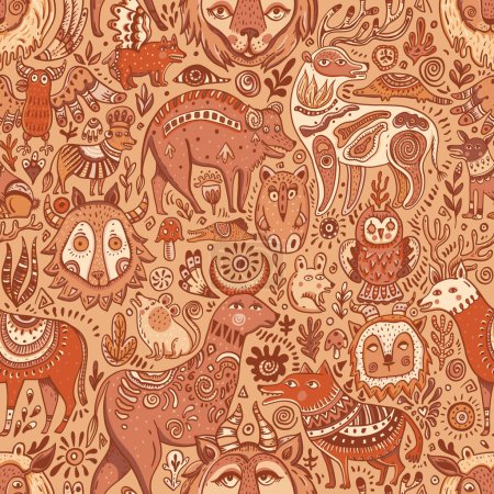 Téléchargez les illustrations : Doodle fantasy forest creatures seamless pattern, cute vintage background - en licence libre de droit