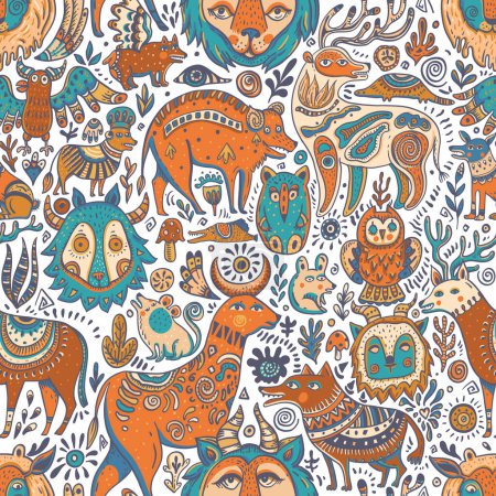 Ilustración de Doodle fantasy forest creatures seamless pattern, cute vintage background - Imagen libre de derechos