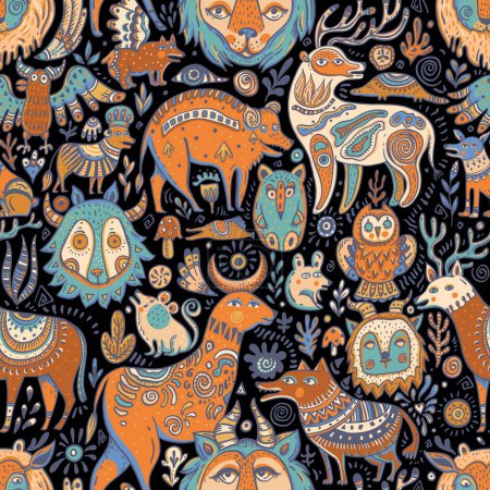 Téléchargez les illustrations : Doodle fantasy forest creatures seamless pattern, cute vintage background - en licence libre de droit