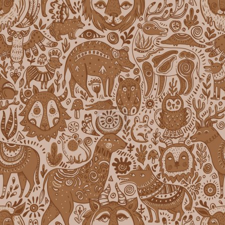 Ilustración de Doodle fantasy forest creatures seamless pattern, cute vintage background Earth tone - Imagen libre de derechos