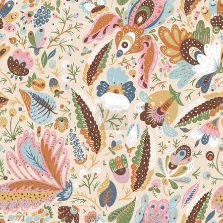 Ilustración de Patrón sin costuras de flores de fantasía Boho, colores neutros de textura floral popular - Imagen libre de derechos