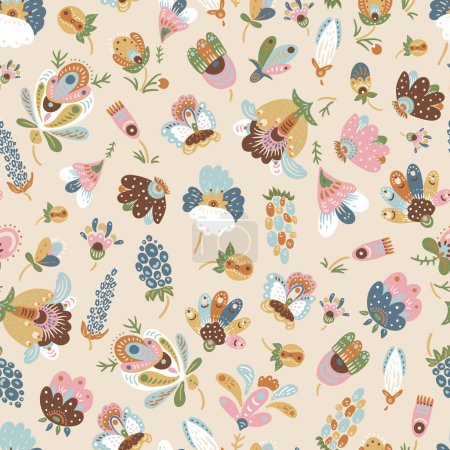 Illustration for Boho fantasy flowers seamless pattern, folk floral texture neutral colors - Royalty Free Image