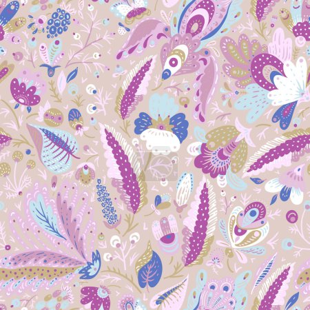 Ilustración de Patrón sin costuras de flores de fantasía Boho, textura floral popular colores rosados - Imagen libre de derechos