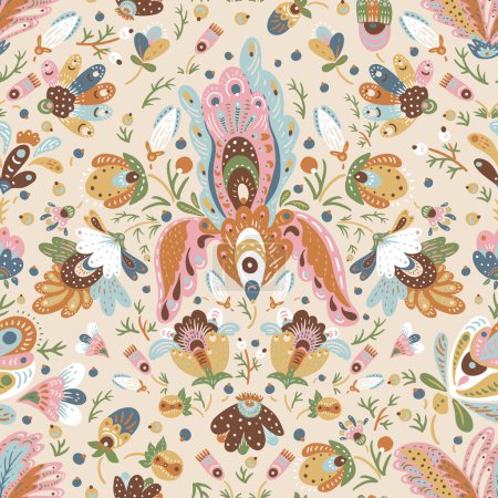 Ilustración de Patrón sin costuras de flores de fantasía Boho, colores neutros de textura floral popular - Imagen libre de derechos