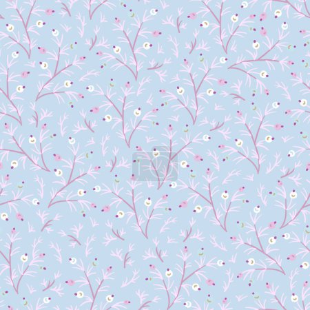 Illustration for Ditsy fantasy flowers seamless pattern, folk floral texture blue colors - Royalty Free Image