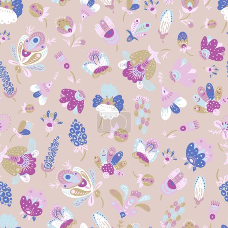Illustration for Boho fantasy flowers seamless pattern, folk floral texture pink colors - Royalty Free Image