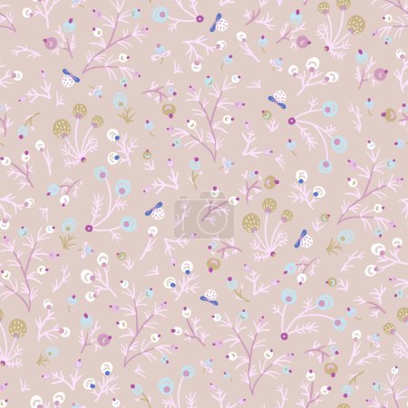 Illustration for Ditsy fantasy flowers seamless pattern, folk floral texture pink colors - Royalty Free Image