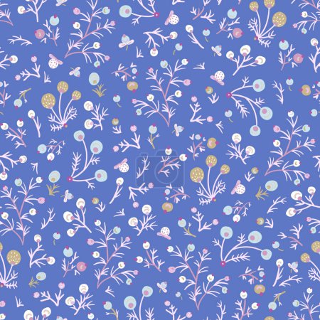 Illustration for Ditsy fantasy flowers seamless pattern, folk floral texture blue colors - Royalty Free Image