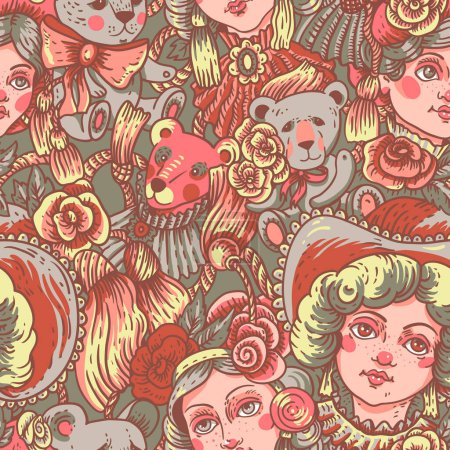 Téléchargez les illustrations : Modèle de poupée vintage sans couture, fleurs vectorielles roses et texture de dessin animé à l'aiguille - en licence libre de droit