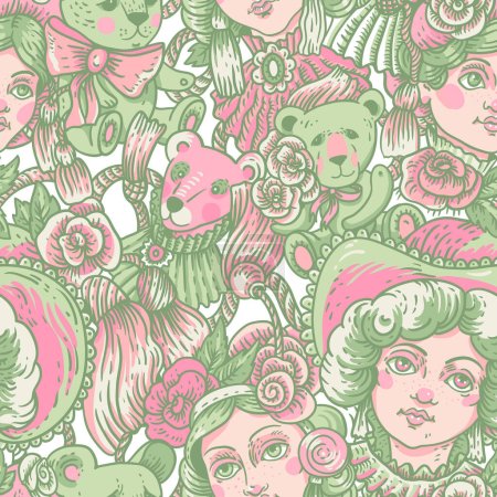 Téléchargez les illustrations : Vintage poupée verte et rose motif sans couture, fleurs vectorielles rose, texture de dessin animé à l'aiguille - en licence libre de droit