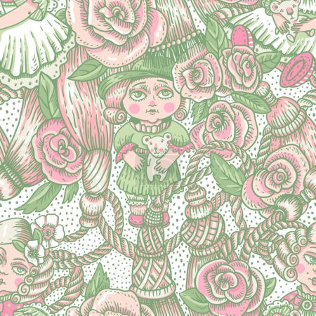 Ilustración de Vintage patrón inconsútil muñeca verde y rosa, flores de rosas vector, textura de dibujos animados de costura - Imagen libre de derechos