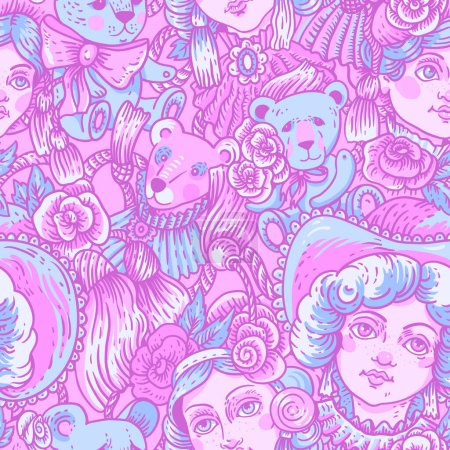 Téléchargez les illustrations : Vintage poupée néon rose motif sans couture, fleurs vectorielles rose et texture de dessin animé à l'aiguille - en licence libre de droit