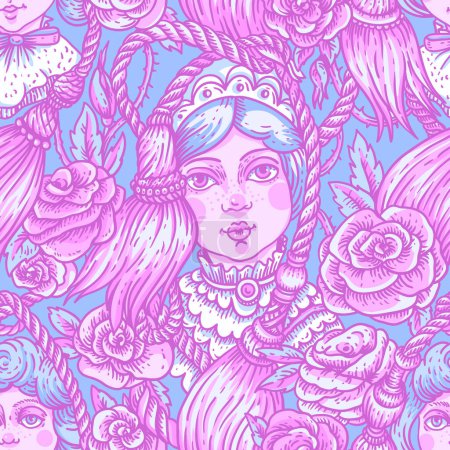 Téléchargez les illustrations : Vintage poupée néon rose motif sans couture, fleurs vectorielles rose et texture de dessin animé à l'aiguille - en licence libre de droit