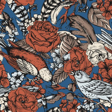 Téléchargez les illustrations : Roses vectorielles vintage et oiseaux motif sans couture, botanique sombre, fleurs victoriennes - en licence libre de droit