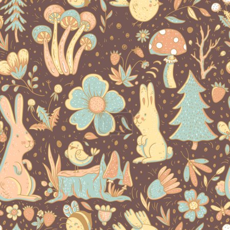Illustration for Cute vector woodland bunnies and mushrooms seamless pattern, liitle forest wallpaper, flowers and birds - Royalty Free Image