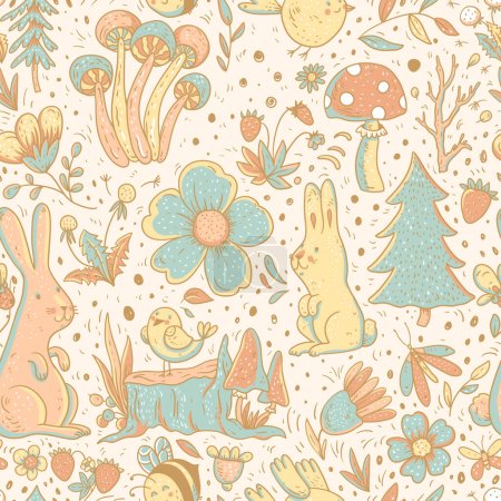 Illustration for Cute vector woodland bunnies and mushrooms seamless pattern, liitle forest wallpaper, flowers and birds - Royalty Free Image