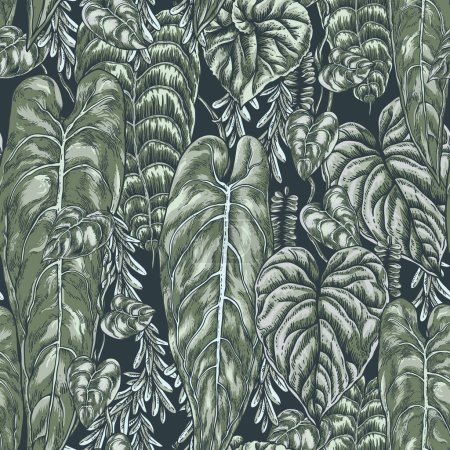 Téléchargez les photos : Vecteur neutre vintage feuilles vertes motif sans couture, papier peint botanica foncé moderne - en image libre de droit