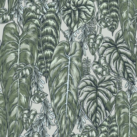 Téléchargez les photos : Vecteur neutre vintage feuilles vertes motif sans couture, papier peint botanica foncé moderne - en image libre de droit