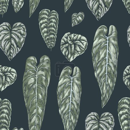 Ilustración de Vector neutro vintage hojas verdes patrón sin costuras, moderno fondo de pantalla botánica oscura - Imagen libre de derechos