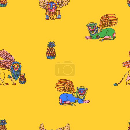 Téléchargez les illustrations : Lions colorés vifs motif tropical sans couture, avec ananas, palmier, jungle d'été sur jaune - en licence libre de droit