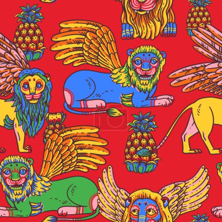 Illustration for Vivid colorful lions tropical seamless pattern,  with pineapple, palm tree, summer jungle on red - Royalty Free Image