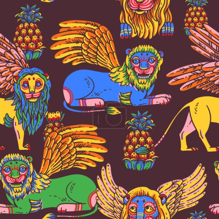 Téléchargez les illustrations : Lions colorés vifs motif tropical sans couture, avec ananas, palmier, jungle d'été sur noir - en licence libre de droit
