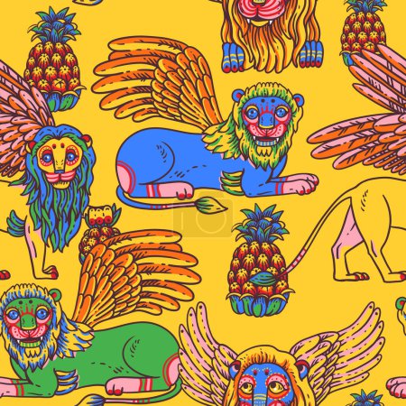 Téléchargez les illustrations : Lions colorés vifs motif tropical sans couture, avec ananas, palmier, jungle d'été sur jaune - en licence libre de droit
