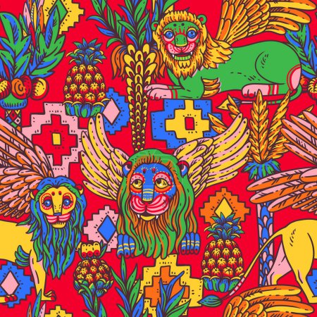 Téléchargez les photos : Lions colorés vifs motif tropical sans couture, avec ananas, palmier, jungle d'été sur rouge - en image libre de droit
