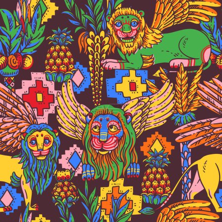 Ilustración de Patrón vívido y colorido de leones tropicales sin costuras, con piña, palmera, jungla de verano en negro - Imagen libre de derechos