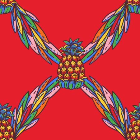 Téléchargez les photos : Motif tropical sans couture coloré vif, fruits d'ananas d'été sur rouge - en image libre de droit
