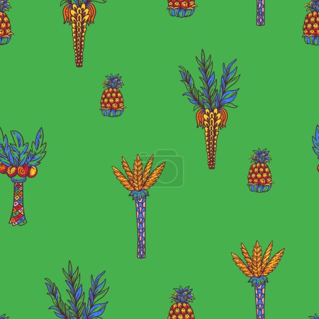 Téléchargez les photos : Motif tropical sans couture coloré vif, fruits d'ananas d'été sur vert - en image libre de droit