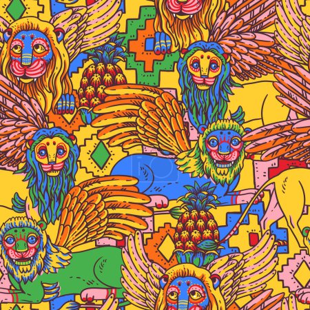 Téléchargez les photos : Lions colorés vifs motif tropical sans couture, avec ananas, palmier, jungle d'été sur jaune - en image libre de droit