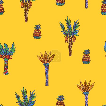 Téléchargez les photos : Motif tropical sans couture coloré vif, fruits d'ananas d'été sur rouge - en image libre de droit