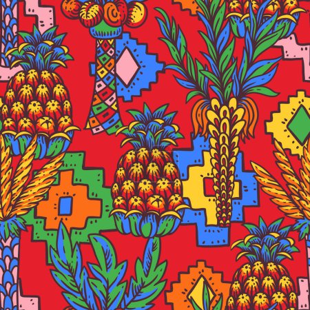 Téléchargez les illustrations : Motif tropical sans couture coloré vif, fruits d'ananas d'été sur rouge - en licence libre de droit