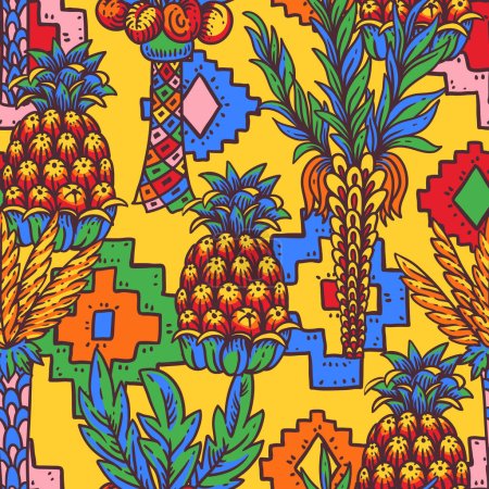 Illustration for Vivid colorful tropical seamless pattern,  summer pineapple fruit on yellow - Royalty Free Image