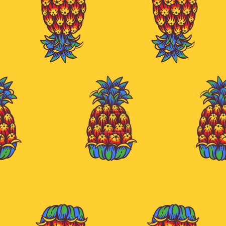 Téléchargez les photos : Motif tropical sans couture coloré vif, fruits d'ananas d'été sur jaune - en image libre de droit