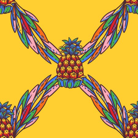 Téléchargez les photos : Motif tropical sans couture coloré vif, fruits d'ananas d'été sur jaune - en image libre de droit