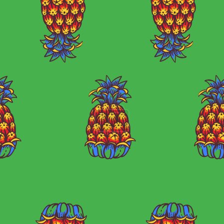 Illustration for Vivid colorful tropical seamless pattern,  summer pineapple fruit on green - Royalty Free Image